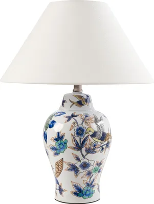 Zdjęcie produktu dla BELIANI Lampa stołowa biała z niebieskim porcelanowa podstawa lniany materiałowy klosz z kwiecistym wzorem oświetlenie stylowa