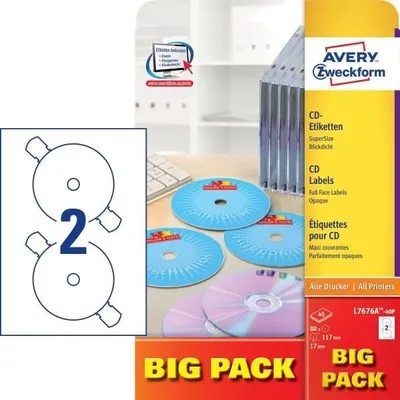 Image de Étiquettes CD SuperSize A4 117mm 40 feuilles/80 étiquettes blanches