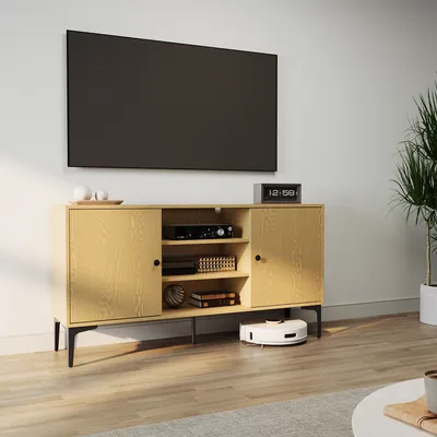 Produktbild von SONNI Lowboard TV-Schrank, 135 x 35 x 70 cm, 2-türiger Fernsehtisch, 3 offene Fächer, Originalholzfarbe , Mit Kabeldurchlass TV-Regal, für TV 60 Zoll