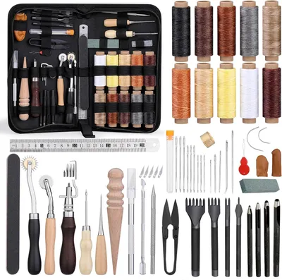 Produktbild von 57 Stück Leder Nähen Set, Leder Werkzeug Set, Leders Nähwerkzeug mit 10 Farben Gewachster Faden, Krappenstanzwerkzeuge, Lederlocher, Nähnadel, Druckzahnwerkzeug, Nähahle für Lederbearbeitung