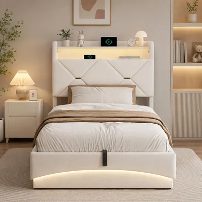 Obrázek produktu pro Postel INONEFT, 90x200 cm, čalouněná, s LED osvětlením a USB porty, hydraulický úložný prostor, postel pro mládež s úložným prostorem v čele, barva: béžová (samet), Obrázek vytvořený pomocí AI