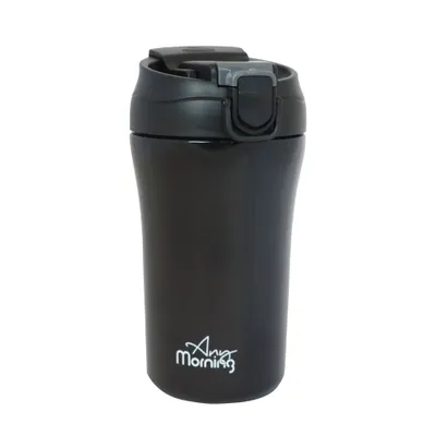 Produktbild von Any Morning Reise-Kaffeetasse mit Deckel und Strohhalm, isolierter Edelstahl-Kaffeepokal, Reise-Kaffeebecher für heiße und kalte Getränke, auslaufsicher und verschüttungssicher, 14 oz, Schwarz