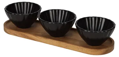 Immagine prodotto di Set da portata JENS Living con conchiglie, colore nero – Elegante set per snack e salse, realizzato in legno di acacia e Vetroceramica, ideale per presentare cibi e come regalo