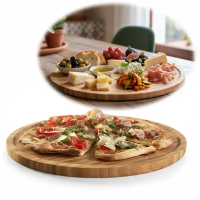 Produktbild von LS-LebenStil XL Pizzateller 32cm Rund Bambus Holz Brotzeitbrett Schneidebrett Servierteller Fleischteller Vesperbrett Käsebrett Steakbrett