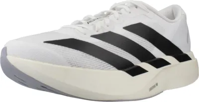 A white Adidas running shoe with black stripes is shown from the side against a white background.