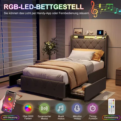 Immagine prodotto di UnboxG: elegante letto imbottito 90x200 cm in flanella grigia con 4 cassetti, illuminazione LED RGB, stazione di ricarica integrata (USB e Type-C) e design con bordatura a bottoni – letto con contenitore per camera da letto e camera dei ragazzi