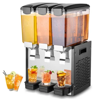 Image de Distributeur commercial de boissons VEVOR avec 3 réservoirs, distributeur de jus 10 L (par réservoir), distributeur de boissons au thé glacé en acier inoxydable 440 W avec température de réfrigération de 7-12 °C, pour boissons froides Restaurant Bar Party