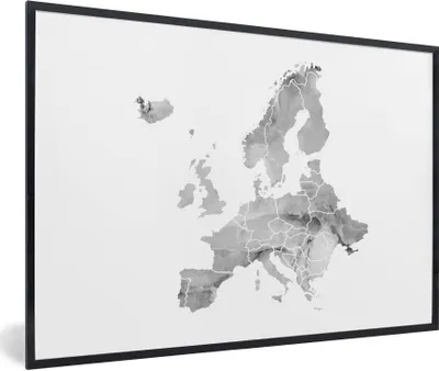 Produktbild von MuchoWow® Gerahmtes Poster Europa-Karte in Aquarell - schwarz und weiß 60x40 cm - Poster mit Schwarzem Bilderrahmen Wandposter Rahmen Foto Bilder - Printing - Wanddeko Schlafzimmer