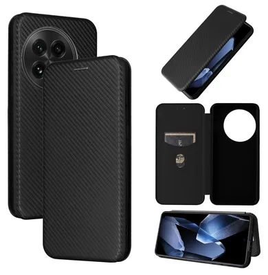 Image de Coque de protection hybride à rabat pour OnePlus 13, texture fibre de carbone, noir