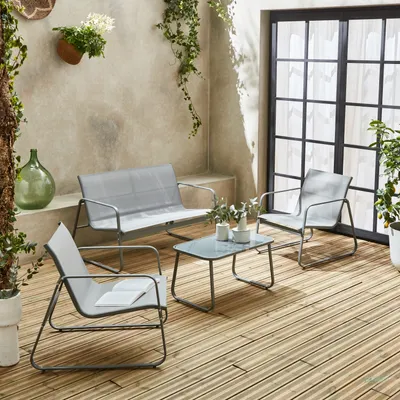 Produktbild von sweeek - Gartenset aus Metall und Textilene für 4 Personen - Hellgrau