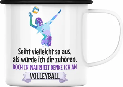 Produktbild von Trendation - Volleyball Geschenk Emaille Tasse Coach Herren Mädchen Kaffee Zubehör Volleyball-Spieler Spielerin (Schwarz)