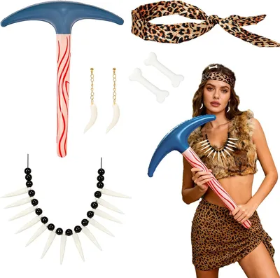 Imagen del producto de Accesorios para disfraz de cavernícola: pinzas para el pelo con forma de hueso, collar, cueva inflable, set de 7 piezas, ideal para carnaval