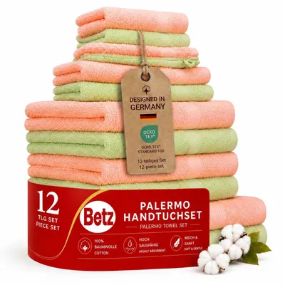 Produktbild von Betz 12-TLG. Handtuch-Set Palermo 100% Baumwolle 2 Liegetücher 4 Handtücher 2 Gästetücher 2 Seiftücher 2 Waschhandschuhe Farbe apricot und grün