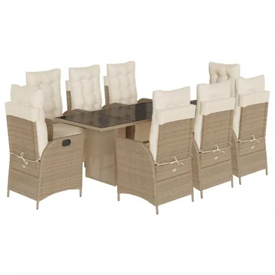 Produktbild von 9-tlg. Garten-Essgruppe mit Kissen Beige Poly Rattan