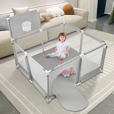 Produktbild von Laufstall Baby Aktivitätszentrum mit 50 Kugel mit Atmungsaktivem Netz an Vier Seiten und Saugnäpfen 126×126 cm hellgrau