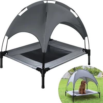 Produktbild von UISEBRT Hundebett mit Dach Sonnenschutz M 76x61x76cm Haustierbett mit Baldachin Hundeliege Outdoor  Erhöhtes Hundebett mit Rutschfesten Fußpolster, Wetterfest Hundesofa, Eisenrahmen Katzenbett