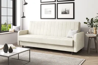 Produktbild von MEBLINI Sofa mit Schlaffunktion - Schlafcouch Ausziehbar - Schlafsofa mit Bettkasten - Sofabett - Couch mit Schlaffunktion - Klappsofa - ANDRES 3 - 218x87x93cm - Creme Samt