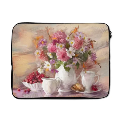 Produktbild von MuchoWow® Laptop Hülle 15 Zoll Gemälde - Blumen - Vase - Ölfarbe Laptoptasche - Laptoptasche - Sleeve - Rundum-Schutz