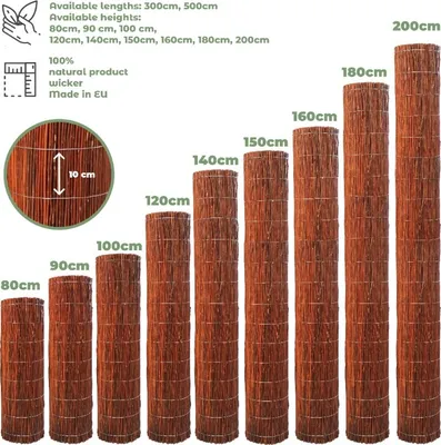 A collage of different sized wicker fence rolls, with text annotations indicating their heights.
