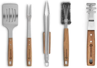 Imagen del producto de Juego de utensilios para barbacoa, 5 piezas, 42 cm, madera de acacia, acero inoxidable