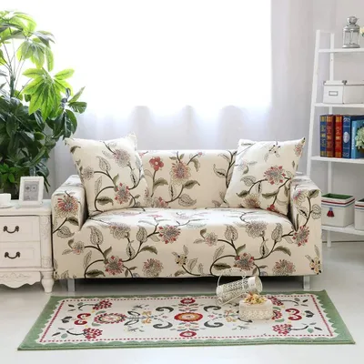 Produktbild von 1/2/3/4 Sitzer Sofabezug Sofaüberwurf Stretch weich elastisch farbecht Blumen-Muster, Beige 3 Sitzer 190-230cm