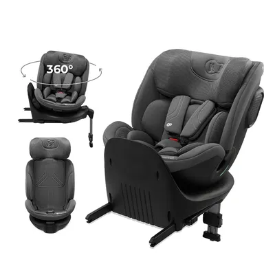 A 360-degree rotating car seat is shown from multiple angles against a white background. One angle shows the seat in a car base, another shows the seat itself, and a third shows the seat rotated with a "360°" graphic.