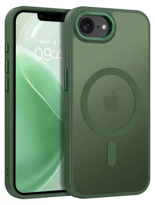 A green iPhone case with MagSafe compatibility is shown on a light gray background.