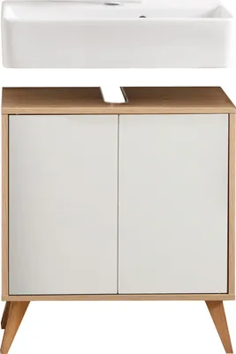 Produktbild von FACKELMANN FINN Badmöbel Set 3 Teile / Waschbecken / Waschbeckenunterschrank / 4 Holzfüße / Badschrank mit Push-to-Open / Korpus & Front: Weiß / Rahmendekor & Füße: Braun hell / Breite: 60 cm