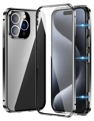 A disassembled phone case with a clear back and metal frame, showing magnetic points.