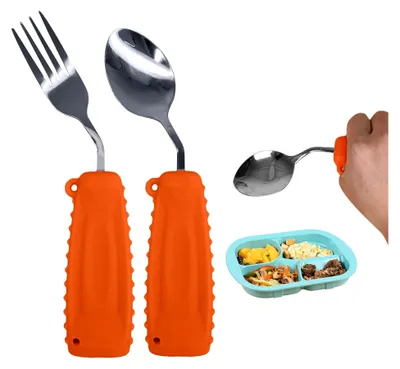 Produktbild von Gewichtetes Besteck für Menschen mit Zittern und Parkinson, Set aus Löffel und Gabel (Orange-Links)