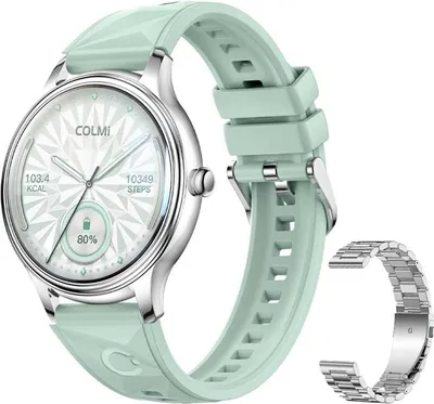 Productafbeelding van Smartwatch Colmi L28 (zilver-groen + zilveren stalen band)