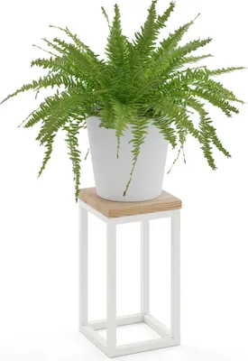Produktbild von LAMO Manufaktur Blumenständer Weiss Metall | Pflanzenständer Holz mit Natur Farbe | Blumenhocker klein 30 cm für große Zimmerpflanzen | 100% Echtholz | Sockel für Skulpturen