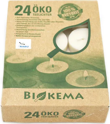 Produktbild von 100% ÖKO-TEELICHTER aus regionaler Bio-Masse, BIOKEMA, Ø38 mm, Brenndauer ca. 4h, ohne Aluminiumhülle, 24 Stück pro Verpackung