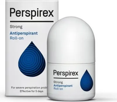 A product shot of a Perspirex Strong Antiperspirant Roll-on with its packaging.