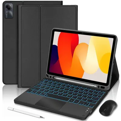 Image de Coque Clavier pour Xiaomi Redmi Pad SE 11", CuirPolyuréthaneNoir avec Clavier Rétroéclairé Bluetooth + Souris + Stylet