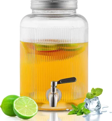 Produktbild von Evanda Getränkespender aus Glas mit auslaufsicherem Edelstahlhahn, 4L Eisspender, Getränkespender für Früchteteekanne zur Herstellung von Eistee, Limonade und Säften