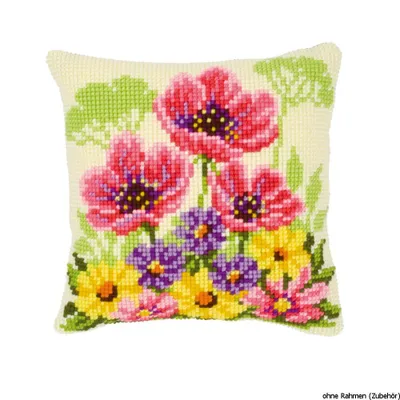 Produktbild von Kissen von Vervaco, Kreuzstich-Muster "Blumenbett mit Mohnblumen", gesticktes Design