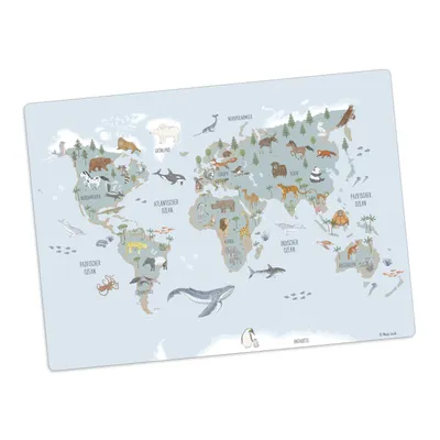 Produktbild von Tischset | Platzset abwaschbar -„Weltkarte Tiere bleu deutsch" aus Premium Vinyl - 44x32 cm –  Germany
