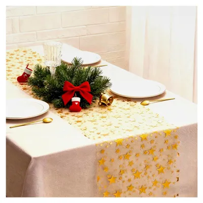 Produktbild von Tischläufer Gold Stern Weihnachten, 28cm x 5m, transparenter Chiffon Tüll Tischläufer für Hochzeit, Geburtstag, Weihnachten, Herbst, Erntedankfest und Feierlichkeiten