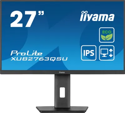A product shot of an Iiyama ProLite monitor on its stand, with marketing text and icons on the screen.
