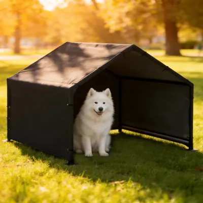 Produktbild von SUGIFT Hundehütte Outdoor Stahlrahmen wasserdicht & UV-Schutz, Hundehaus pulverbeschichtet, 420D Oxford-Gewebe, Schwarz | 125 x 110 x 93 cm | bis 30 kg