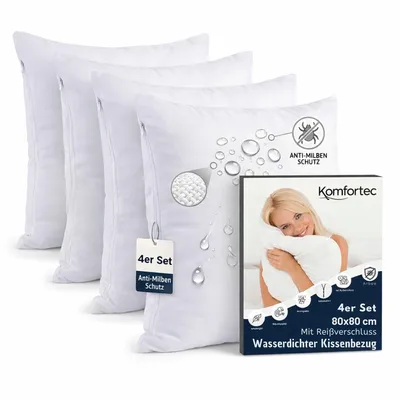 Produktbild von Komfortec Wasserdichter Kissenbezug 4er Set 80x80 cm mit Reißverschluss, Atmungsaktiv, Hypoallergen Kopfkissenbezüge, Anti-Milben, 4 Stück Kissenschoner, Weiß