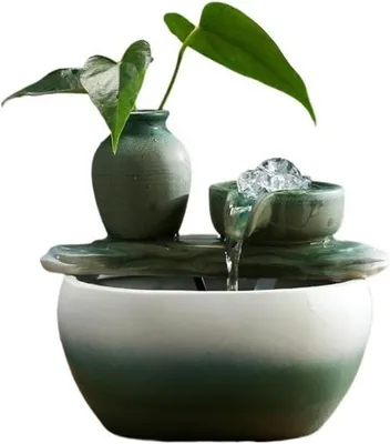 Produktbild von Kleiner Tischbrunnen mit Wasserornamenten für Wohnzimmer, Büro und Schreibtisch, Luftbefeuchter und Zen-Meditationsbrunnen zur Dekoration (Grün)