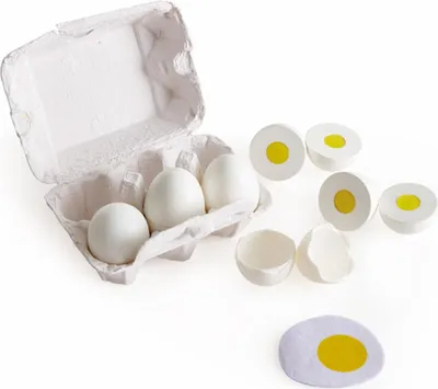 Immagine prodotto di Hape cartone delle uova 3 uova sode con guscio facilmente rimovibile e 3 uova fritte, giocattolo realistico in legno per l'apprendimento dei bambini a partire dai TRE anni di età
