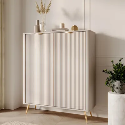 Produktbild von Highboard Kommode FLORE 113 cm Beige Gold Geriffelt 2D Glamour