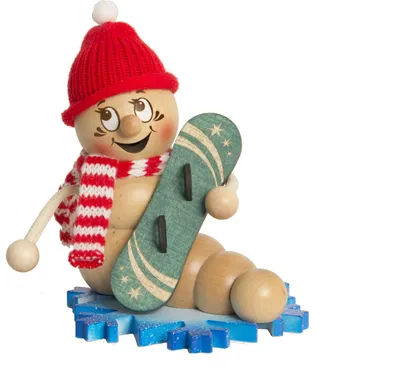 Produktbild von Drechslerei Kuhnert - Räucherfigur Rudi mit Snowboard - größe ca. 14cm, für Räucherkerzen Größe M (Standard) - 37004