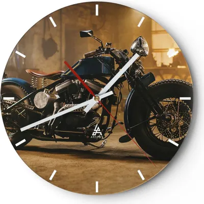 Produktbild von Wanduhr - Rund - Glasuhr - Motorrad Motor - 30x30cm - Schleichendes Uhrwerk - Lautlos - zum Aufhängen bereit - Dekoration Modern - Wanddekoration aus Glas - C3AR30x30-4233