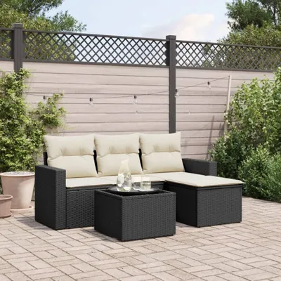 Produktbild von Design 5-tlg. Garten-Sofagarnitur mit Kissen Schwarz Poly Rattan, Gartensofas 2024 Neu