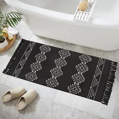 Image de Tapis Famanu Läufer, 60 x 150 cm - Tapis en coton noir et blanc de style bohème, lavable, avec franges tissées à la main