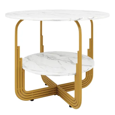 Produktbild von Flieks Rundtisch mit Platte in der Mitte zur Aufbewahrung, Esstisch 80x80x76 cm, Küchentisch mit marmorierter Tischplatte und goldenen Metallbeinen